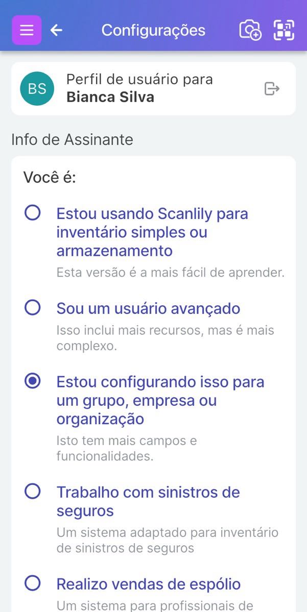 Parte superior das configurações do Perfil do Assinante