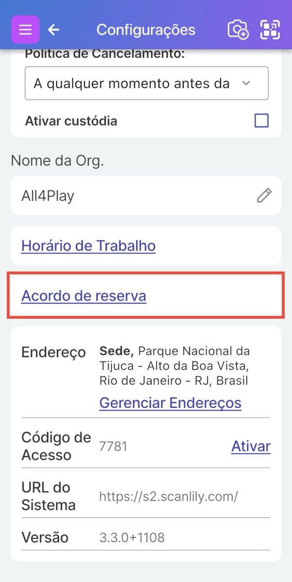 Link do Contrato de Reserva na página de Configurações