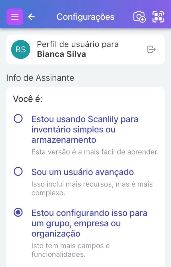 Opções de configuração mostrando escolhas de Inventário simples, Usuário avançado e Grupo/organização