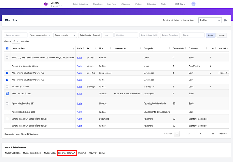 Visualização de planilha com linhas selecionadas e a opção Exportar para CSV destacada