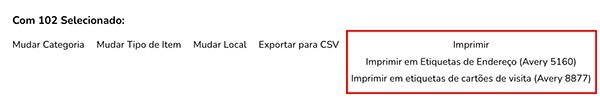 Opções de impressão de etiquetas mostrando duas opções de formato