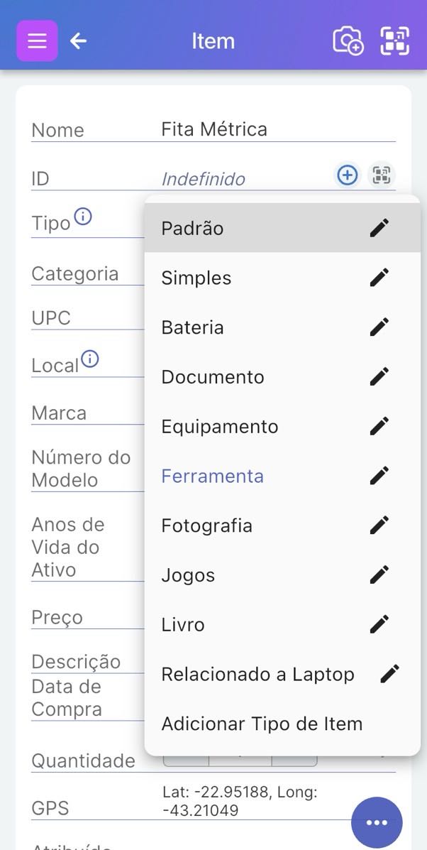Imagem mostrando o campo Tipo com opções de menu suspenso