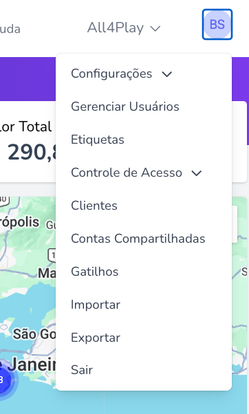 Menu de perfil superior direito expandido mostrando várias opções