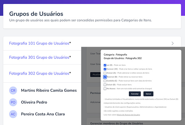 Página de definição de grupo de usuário no Site do Usuário.