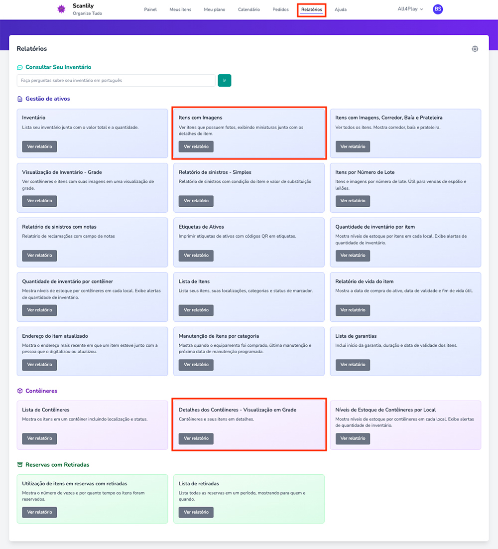 Lista de relatórios com dois relatórios destacados: "Lista de Inventário com Imagens" e "Contêiner com imagens e custos"