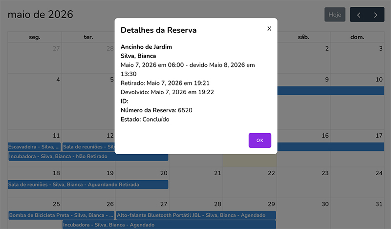 Pop-up mostrando os intervalos de datas de reserva e o status do item Ancinho de Jardim