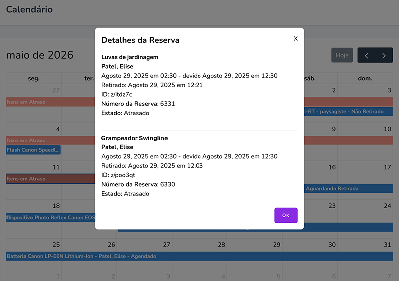 Pop-up mostrando dois itens atrasados junto com seus detalhes de reserva