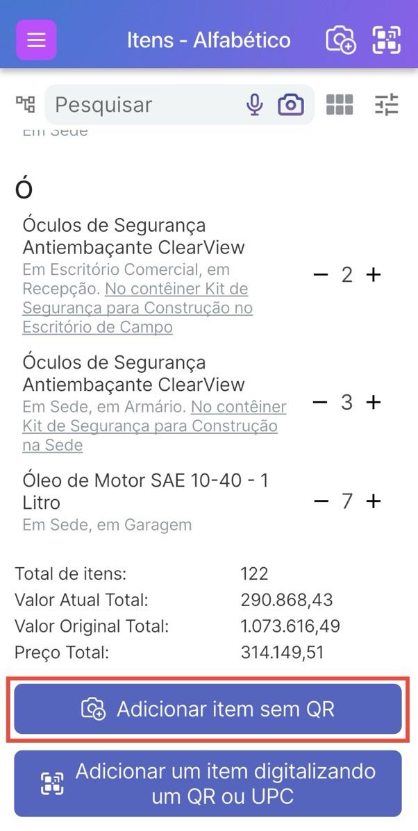 Imagem mostrando o botão destacado para adicionar um item sem um QR