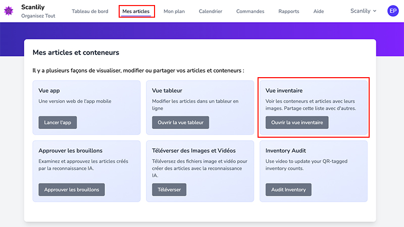Centre Mes Articles affichant la vignette Vue de l'inventaire
