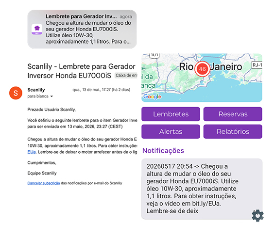 Montagem de telas mostrando uma reserva de item e as notificações resultantes