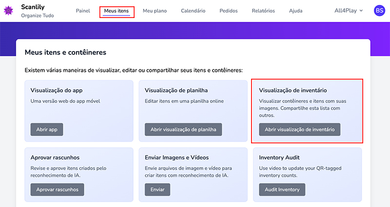 Hub Meus Itens mostrando o bloco Visualização do Inventário