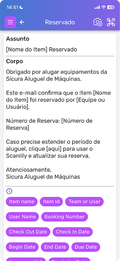 Tela do Scanlily para personalizar a notificação para quando as pessoas reservam um item