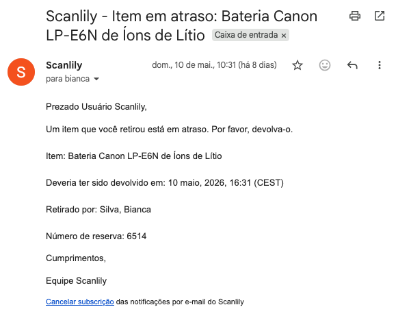 E-mail recebido quando uma reserva de item está vencida